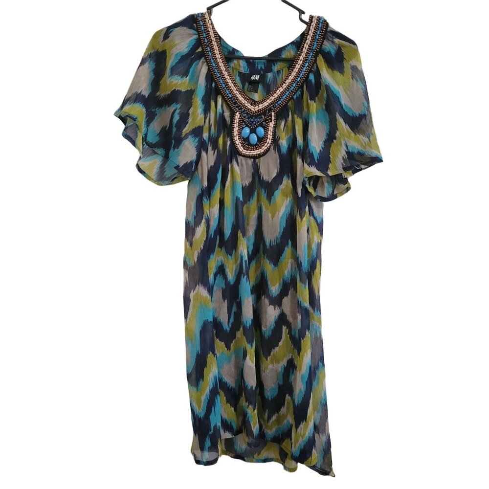 H&M Boho Tribal Kaftan Dress Womens Size 8 Beaded Neckline Turquoise Embellished